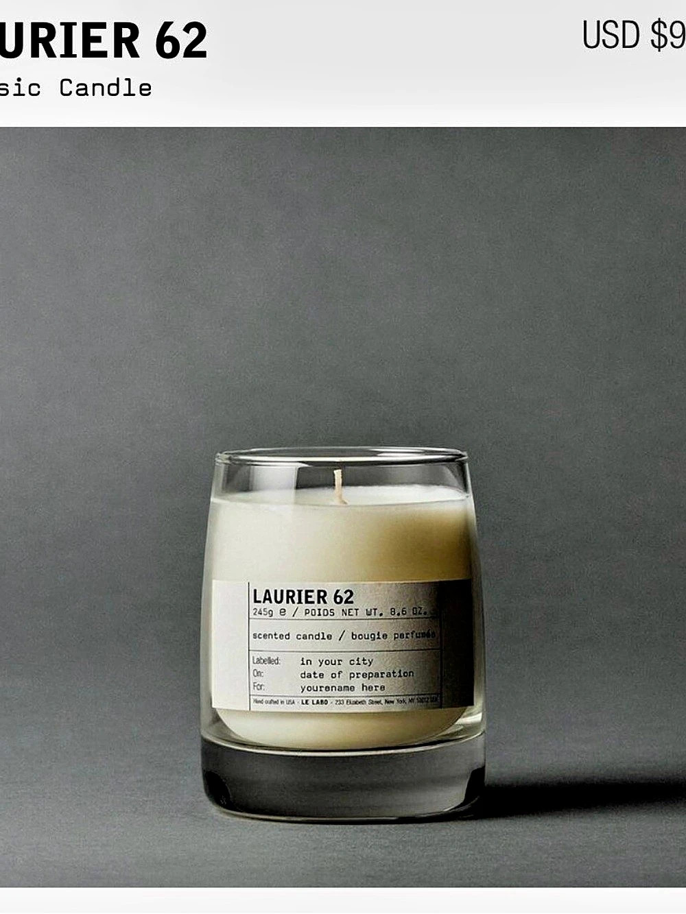 Le Labo Laurier 62 Scented Candle NWT